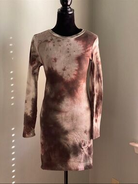 Tie-Dye Long Sleeve Bodycon Dress - Brown/Beige